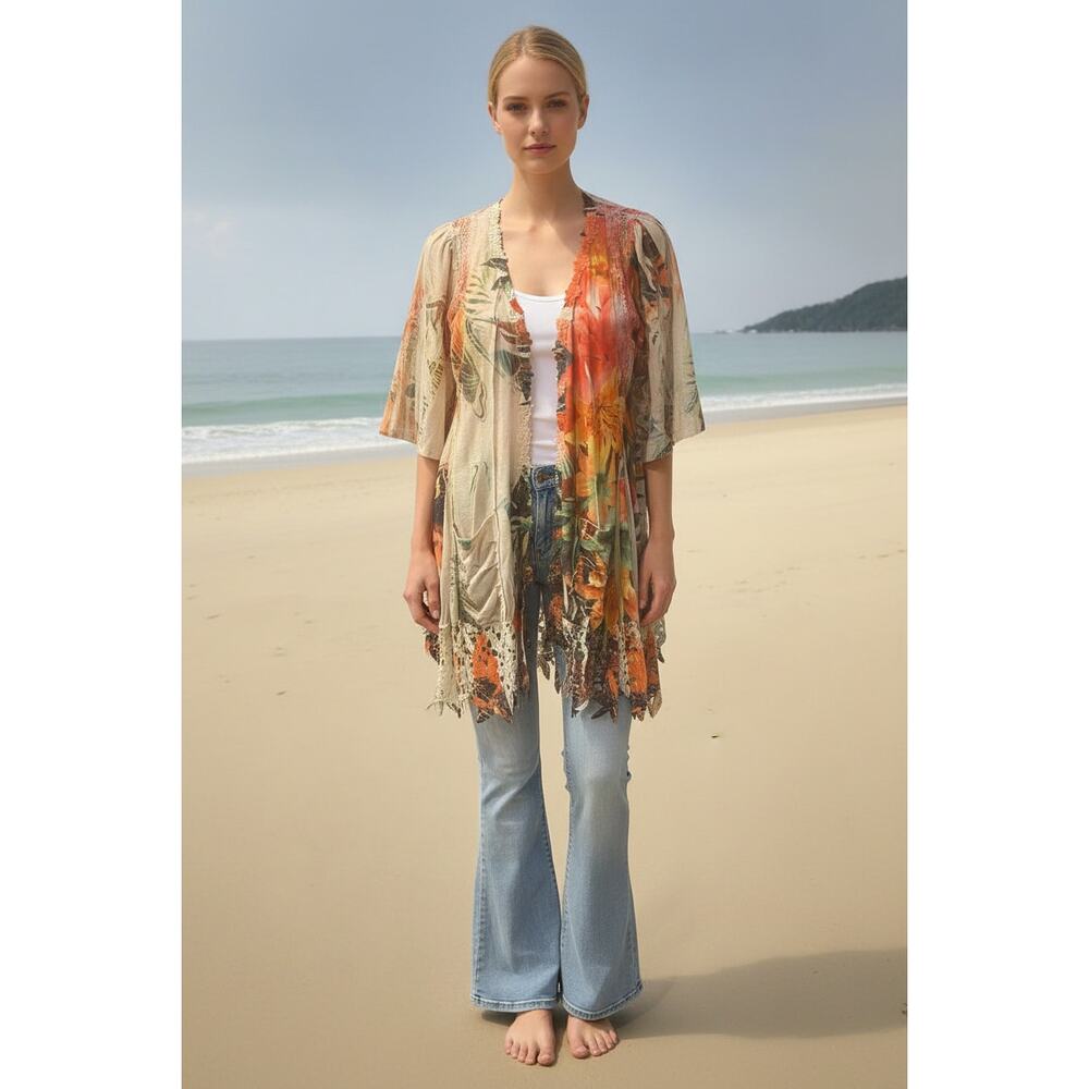 Origami Floral Sublimation Cardigan with Pockets Small/Medium